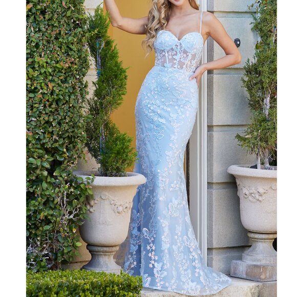 Light Blue Butterfly Sequin Sweetheart Formal Prom Evening Dress 4 - Picture 1 of 5